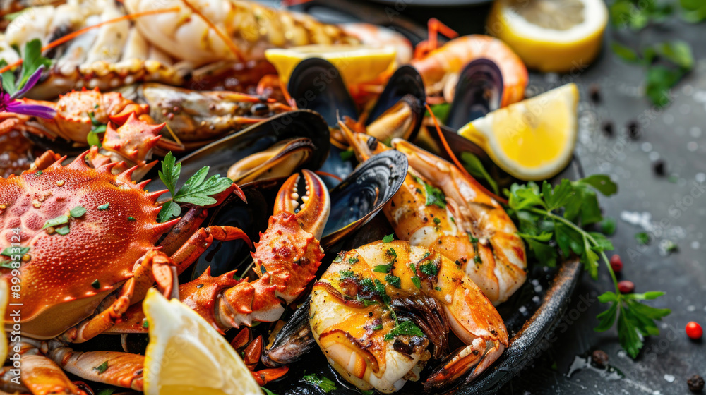Artfully presented seafood dish with vibrant garnishes, capturing the essence of exquisite culinary craftsmanship and gourmet appeal. Artfully presented seafood dish with vibrant garnishes, capturing the essence of exquisite culinary craftsmanship and gourmet appeal.