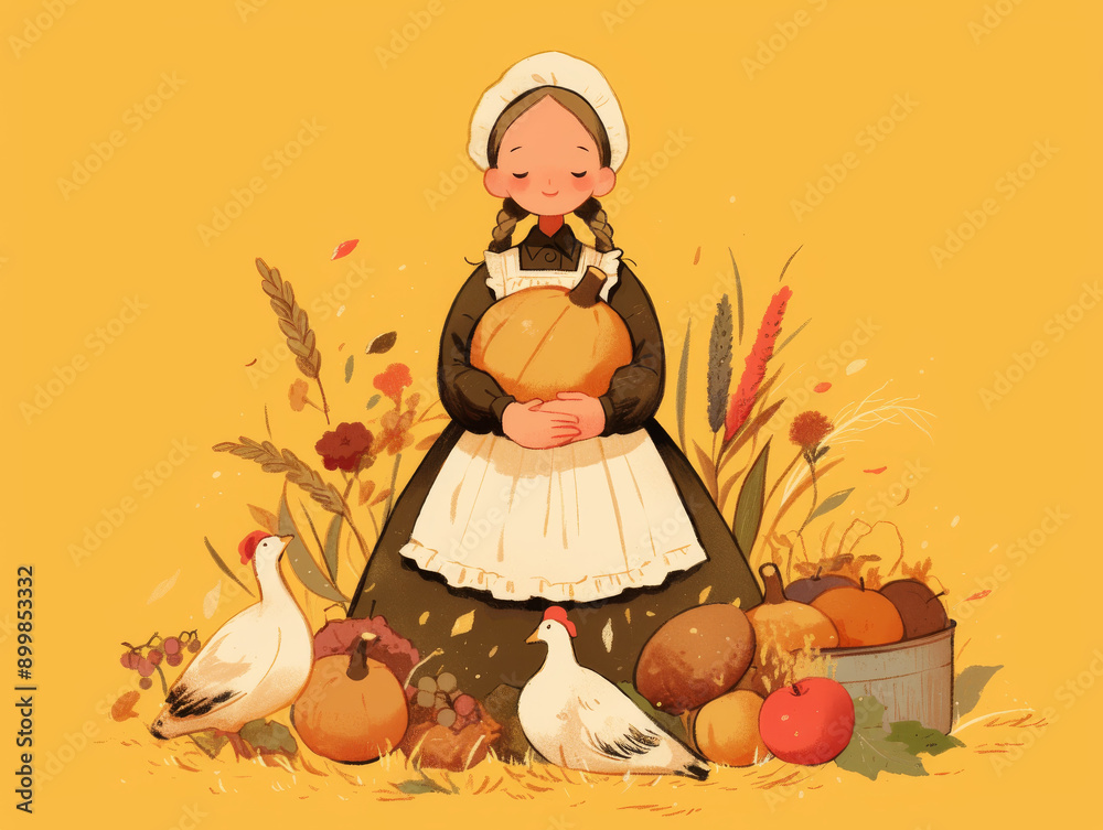 Obraz premium Pilgrim girl holding a pumpkin surrounded by harvest decorations
