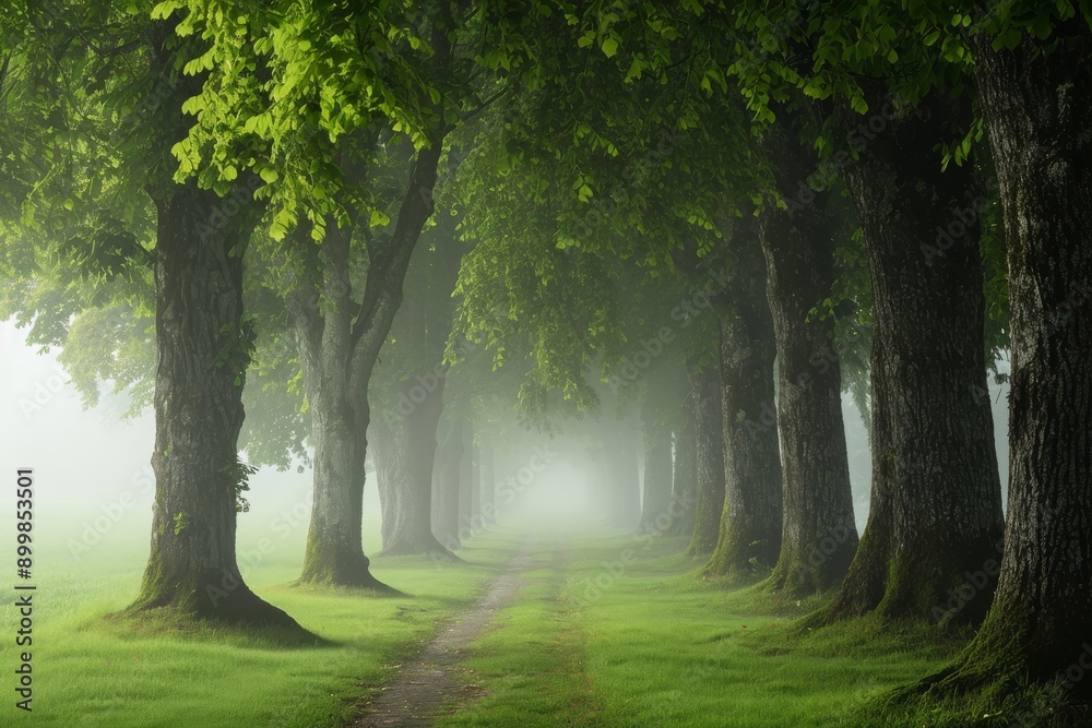 This photo captures a foggy forest with tall trees and a dirt road winding through it, creating a mysterious and atmospheric scene, Misty morning in a tree alley within a peaceful park, AI Generated This photo captures a foggy forest with tall trees and a dirt road winding through it, creating a mysterious and atmospheric scene, Misty morning in a tree alley within a peaceful park, AI Generated