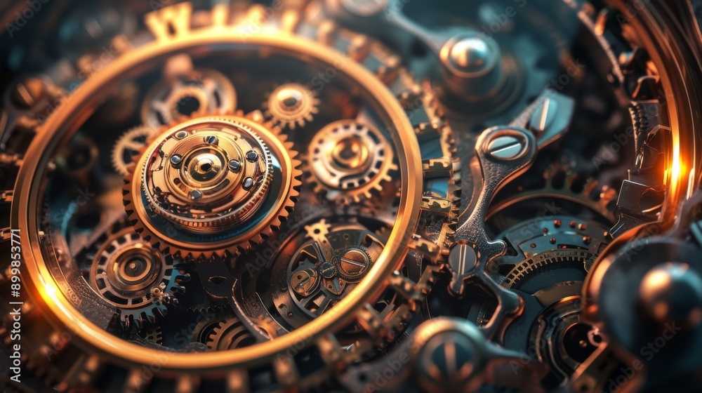 A mesmerizing macro view of a complex clockwork mechanism, highlighting the interlocking gears and precise engineering. The image captures the gleaming brass and steel parts, arranged in a harmonious A mesmerizing macro view of a complex clockwork mechanism, highlighting the interlocking gears and precise engineering. The image captures the gleaming brass and steel parts, arranged in a harmonious