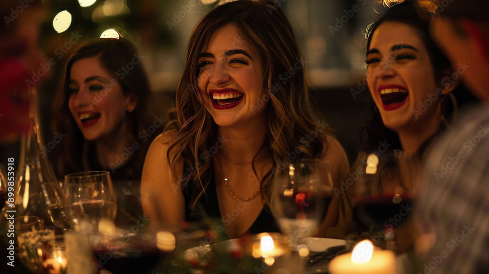 Beautiful woman laughing while enjoying dinner with friends at a lively party, capturing moments of joy and camaraderie. Beautiful woman laughing while enjoying dinner with friends at a lively party, capturing moments of joy and camaraderie.