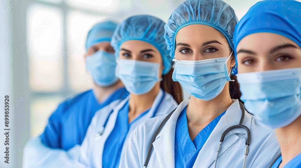 A female medic wearing a medical mask and overalls. A team of specialists at the workplace. Professional. Illustration for cover, card, postcard, interior design, poster, brochure or presentation. A female medic wearing a medical mask and overalls. A team of specialists at the workplace. Professional. Illustration for cover, card, postcard, interior design, poster, brochure or presentation.