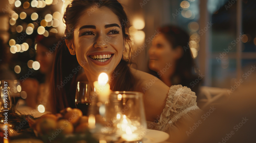 Beautiful woman laughing while enjoying dinner with friends at a lively party, capturing moments of joy and camaraderie. Beautiful woman laughing while enjoying dinner with friends at a lively party, capturing moments of joy and camaraderie.
