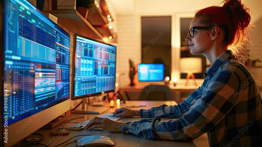 A programmer at work in front of a burning monitor. A male trader at work on a computer. Operational data analysis. Design for banner, flyer, poster, cover or brochure. A programmer at work in front of a burning monitor. A male trader at work on a computer. Operational data analysis. Design for banner, flyer, poster, cover or brochure.