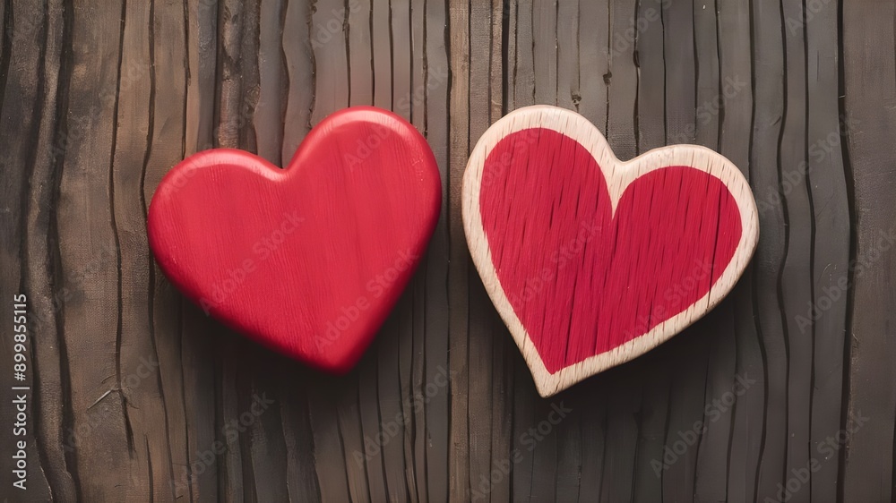 Two carved red wooden hearts intertwined, wooden background Two carved red wooden hearts intertwined, wooden background