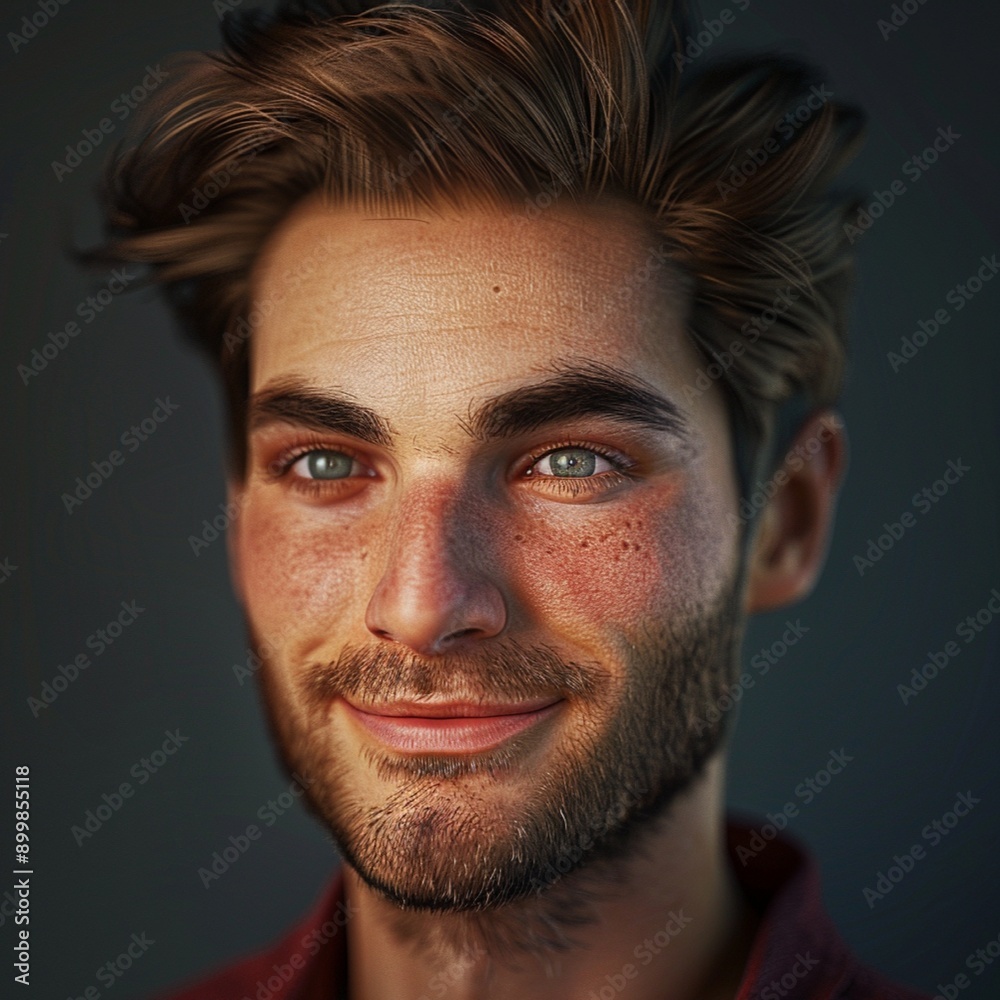 Obraz premium portrait of an elegant male influencer. He has light dark skin. His hair is styled in a modern, well-groomed cut, possibly with a fade or textured top. His expression is confident and charismatic, wit