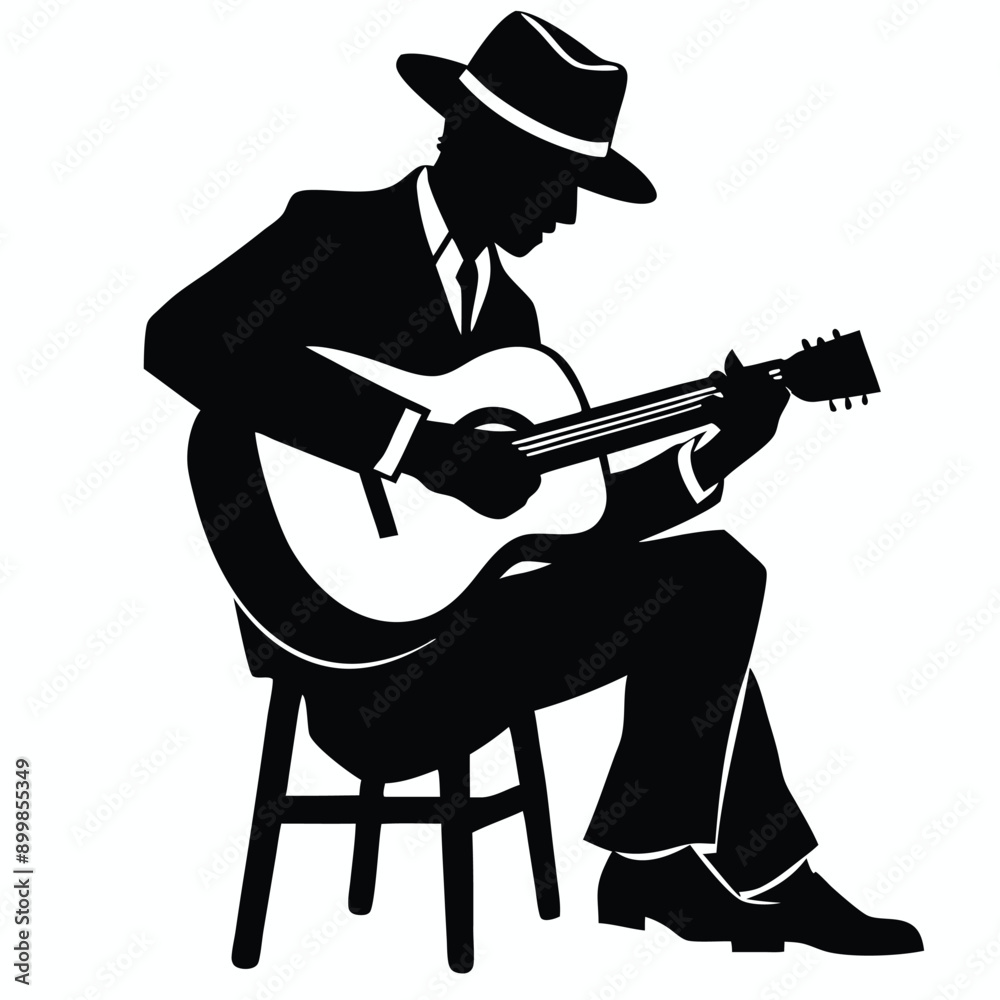 Fototapeta premium a man playing guitar siting a tool, vector silhouette, isolated white background 