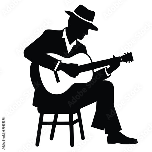 a man playing guitar siting a tool, vector silhouette, isolated white background 