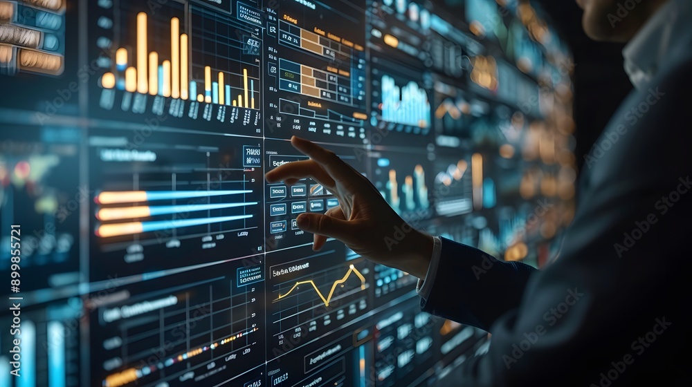 A Close-Up of a Hand Interacting with a Futuristic Interface Displaying Data Visualizations and Analytics A Close-Up of a Hand Interacting with a Futuristic Interface Displaying Data Visualizations and Analytics