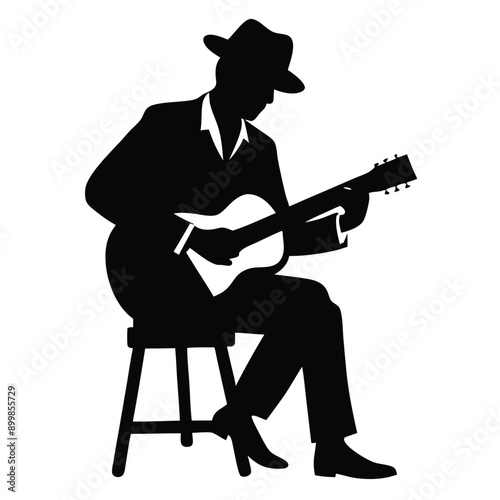 a man playing guitar siting a tool, vector silhouette, isolated white background 