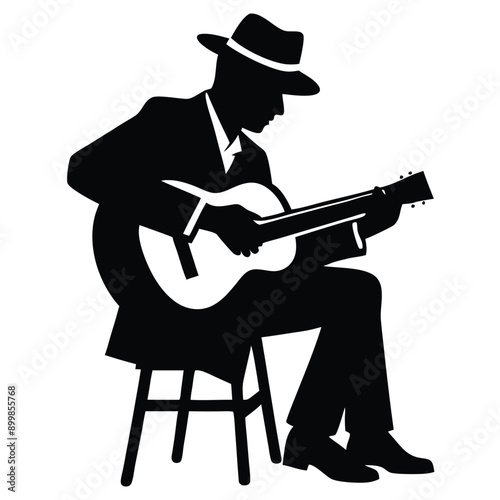a man playing guitar siting a tool, vector silhouette, isolated white background 