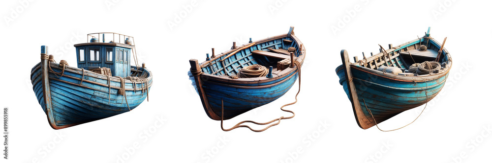 Obraz premium Old blue wooden fishing boat, set of against Transparent background