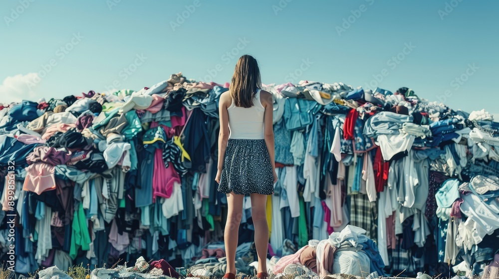 Young woman near massive heaps of discarded clothing, reflecting the issues of excessive production, wasteful consumption, and environmental pollution,generative ai Young woman near massive heaps of discarded clothing, reflecting the issues of excessive production, wasteful consumption, and environmental pollution,generative ai