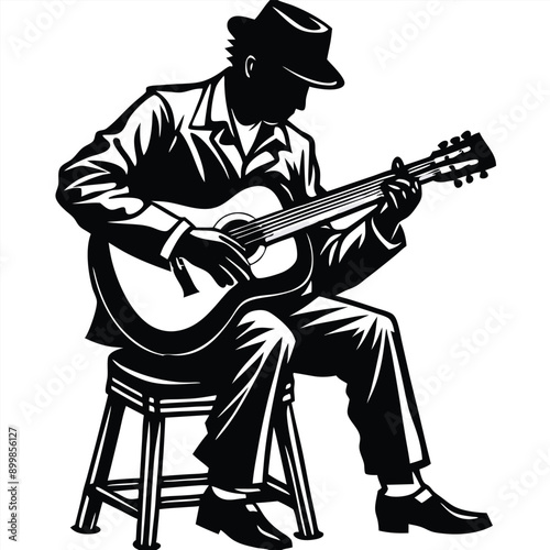 a man playing guitar siting a tool, vector silhouette, isolated white background 