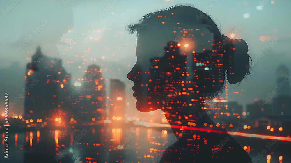 Fototapeta premium The City Lights Reflecting in a Woman's Silhouette, a Surreal and Dreamy Portrait