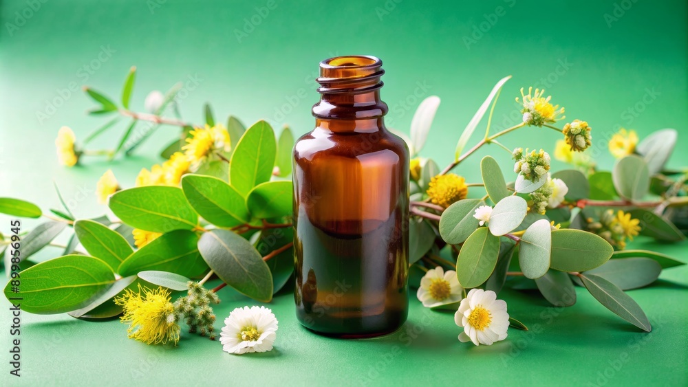 Eucalyptus Oil Bottle with Flowers on Green Background, eucalyptus oil, essential oil, aromatherapy, natural beauty , herbal medicine Eucalyptus Oil Bottle with Flowers on Green Background, eucalyptus oil, essential oil, aromatherapy, natural beauty , herbal medicine