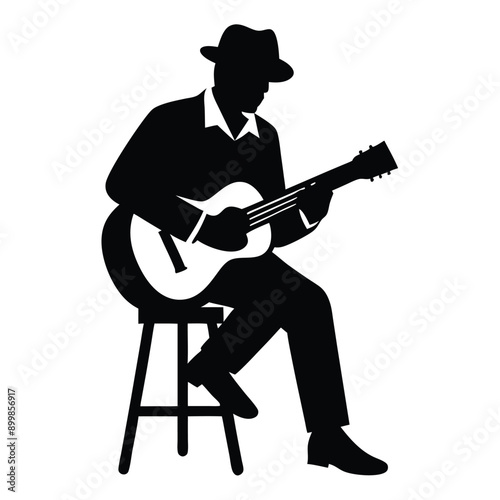 a man playing guitar siting a tool, vector silhouette, isolated white background 