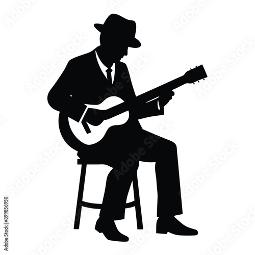 a man playing guitar siting a tool, vector silhouette, isolated white background 