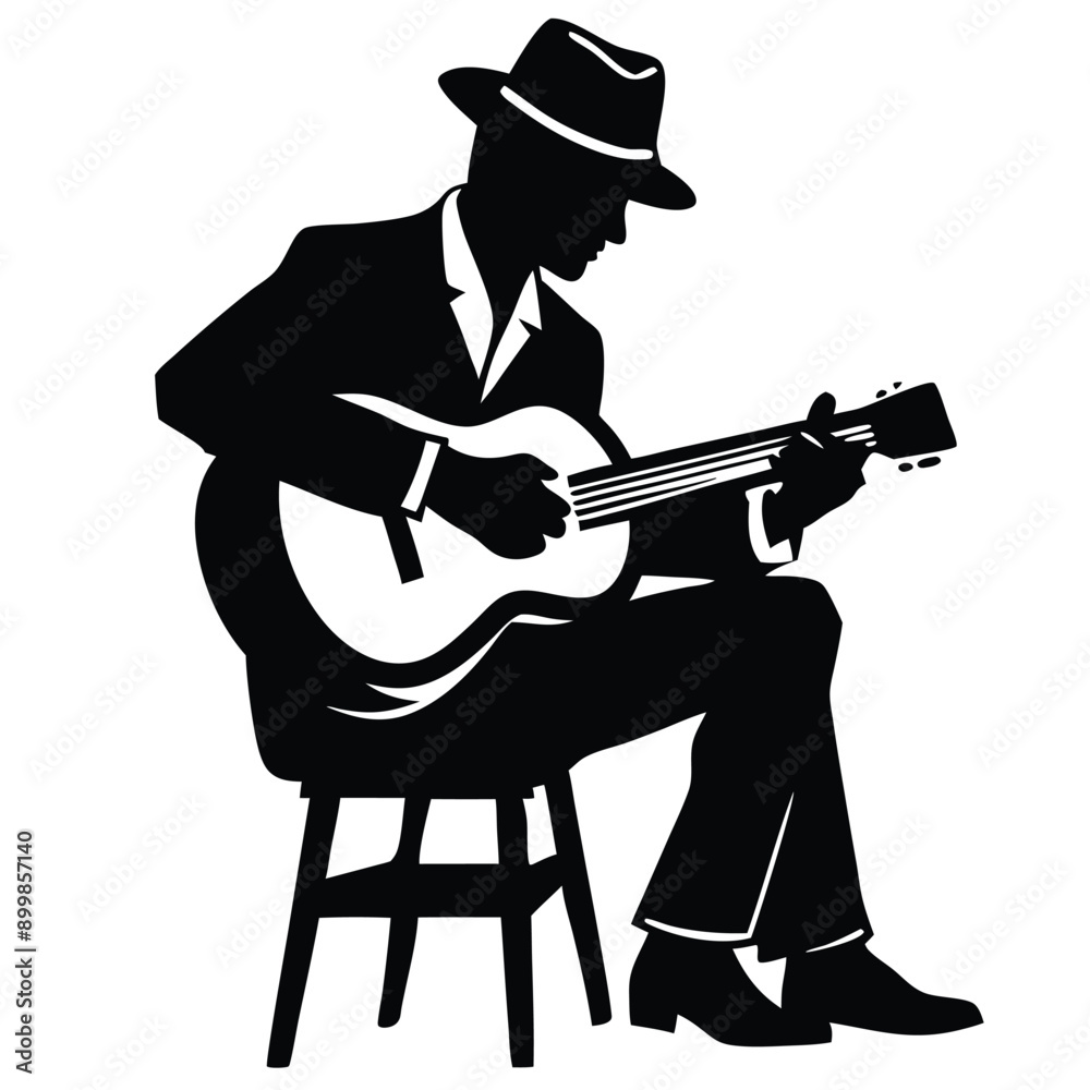 Fototapeta premium a man playing guitar siting a tool, vector silhouette, isolated white background 