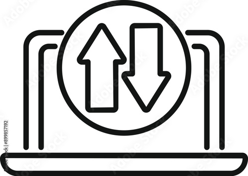 Simple line icon concept of data transferring to and from a laptop