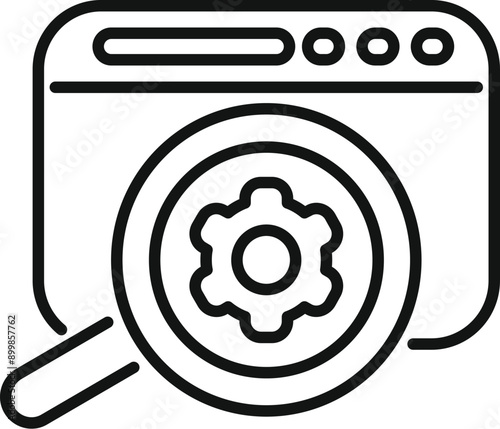 Magnifying glass is analyzing a web page with a gear symbol, representing website optimization and fine tuning for enhanced performance
