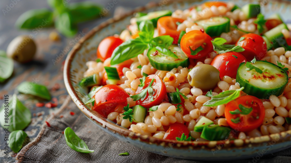 Close-up of a vegetarian pearl barley salad with fresh vegetables: tomatoes, cucumbers, olives, parsley, and basil in a plate. Close-up of a vegetarian pearl barley salad with fresh vegetables: tomatoes, cucumbers, olives, parsley, and basil in a plate.