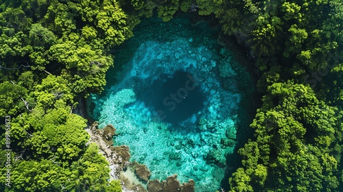 Beautiful aerial shot of an eyeshaped blue sinkhole in clear water, encircled by vibrant green foliage photo