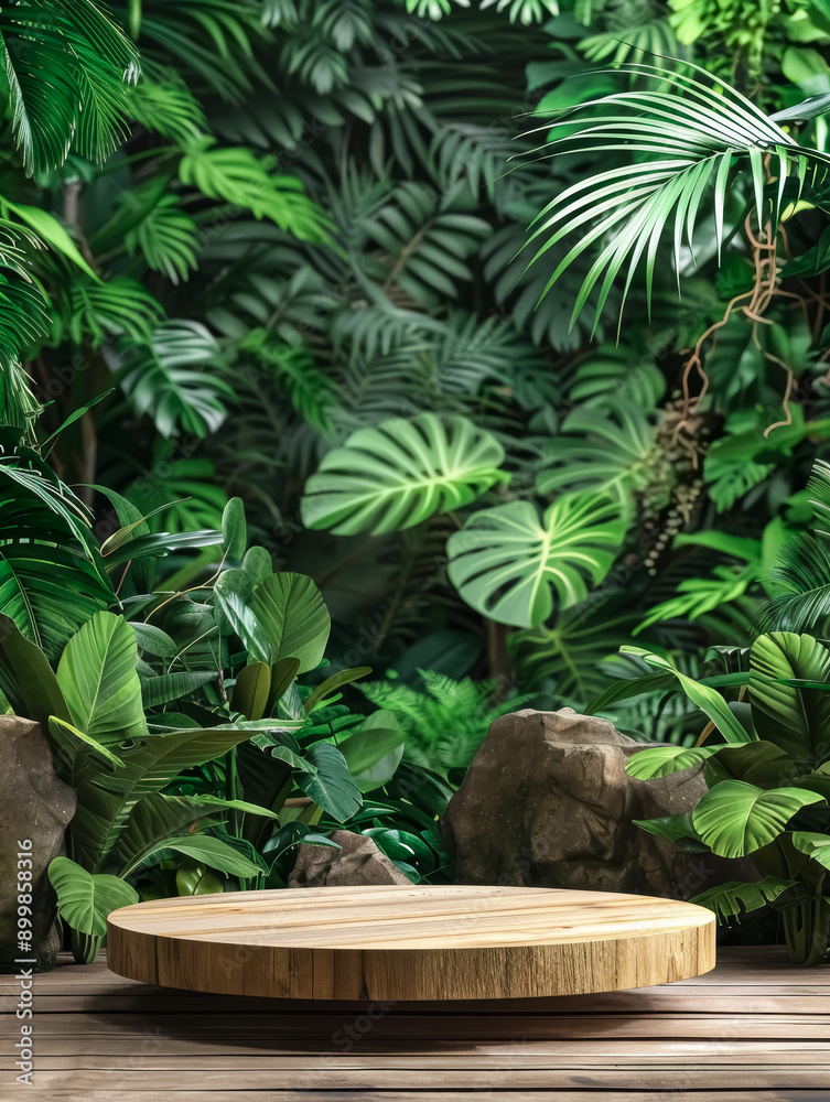 Wooden texture podium stand for product display. Tropical forest background with exotic trees, green leaves and stones for product presentation and branding. Wooden texture podium stand for product display. Tropical forest background with exotic trees, green leaves and stones for product presentation and branding.