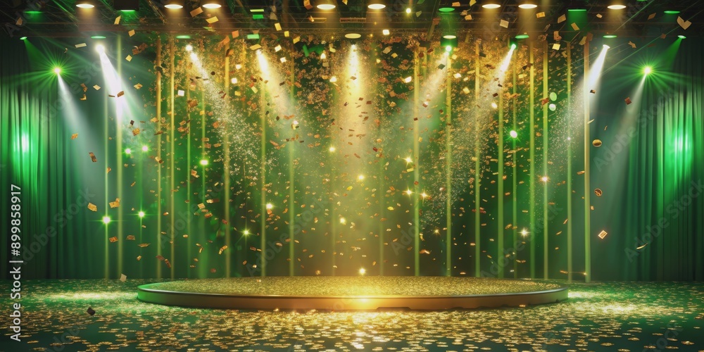 Naklejka premium Green Stage with Gold Confetti and Spotlights, stage , green , confetti , spotlights