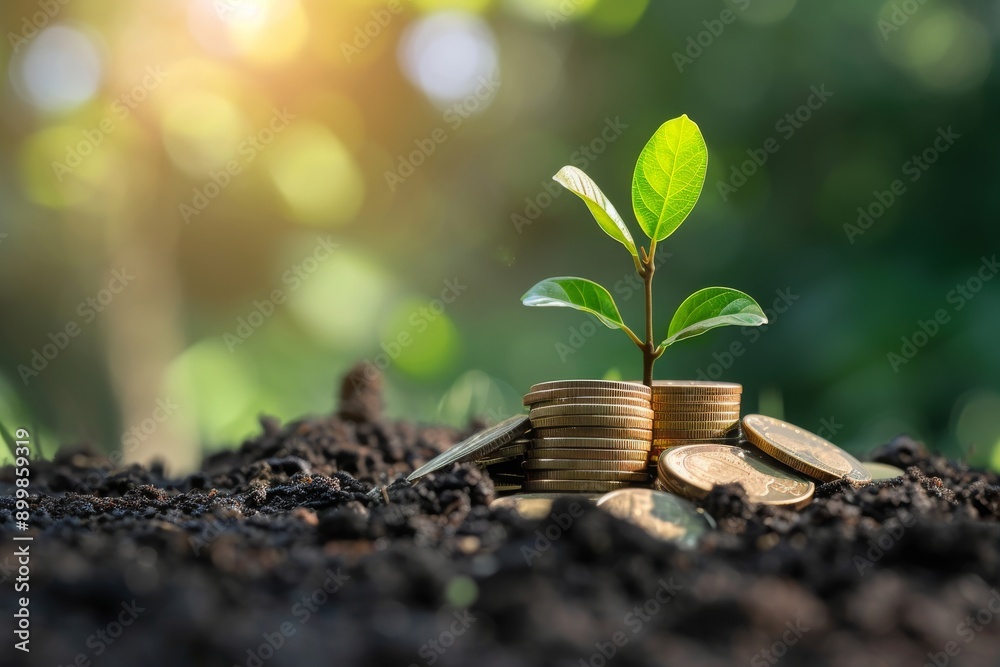 A photo showcasing a pile of coins with a plant emerging from the center, symbolizing growth and prosperity, Money tree growing from coins, AI Generated A photo showcasing a pile of coins with a plant emerging from the center, symbolizing growth and prosperity, Money tree growing from coins, AI Generated