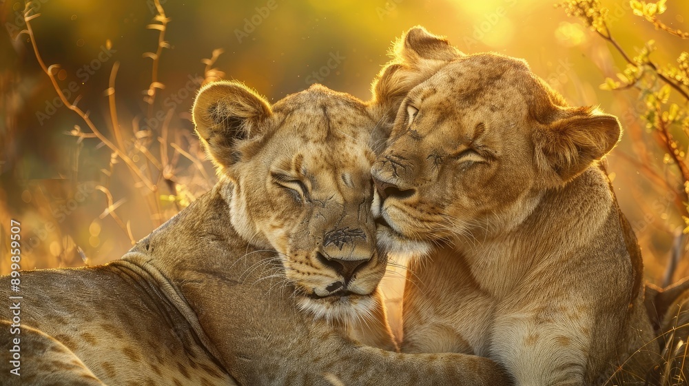 Naklejka premium Predatory Love. Lioness and cub in Kruger NP, South Africa AI generated