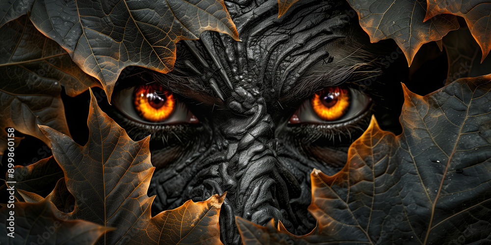 Naklejka premium Mystical Creature Hidden Among Autumn Leaves, Peering Out with Fiery Eyes in a Dark Fantasy Setting