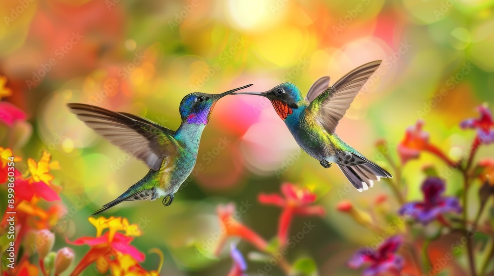 Two hummingbirds are flying over a colorful garden Two hummingbirds are flying over a colorful garden