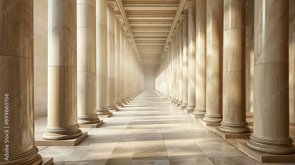 A long hallway with columns and a white floor A long hallway with columns and a white floor