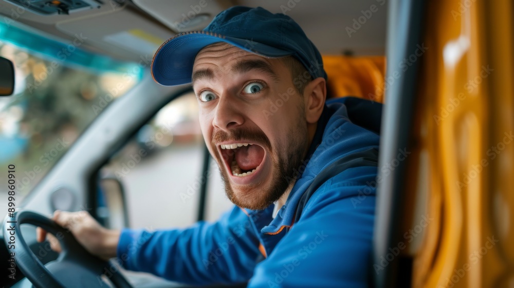A man in a blue shirt is driving a vehicle and is smiling A man in a blue shirt is driving a vehicle and is smiling
