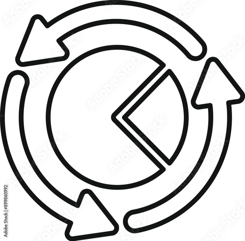 Line art pie chart is being surrounded by arrows going in a circle, showing a concept such as recycling