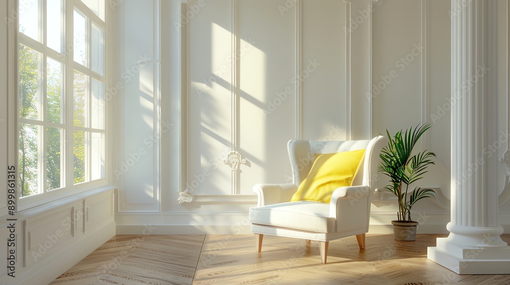 Fototapeta premium Empty Room Interior, Column, White Chair with Yellow Pillow, Coffee Table, 3D Render