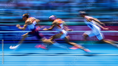 Athletes competing in a 100-meter sprint race at the Olympics, captured mid-action