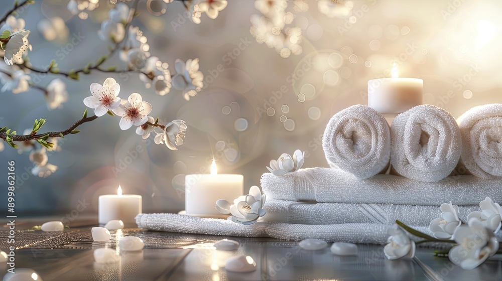 Elegant spa background featuring white towels, candles, and flowers, perfect for promoting luxury massage and relaxation. Elegant spa background featuring white towels, candles, and flowers, perfect for promoting luxury massage and relaxation.