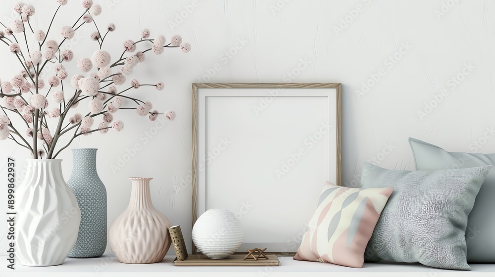 Highly detailed 3D illustration of home decor items, including a vase, picture frame, and decorative pillows, on a white background Highly detailed 3D illustration of home decor items, including a vase, picture frame, and decorative pillows, on a white background