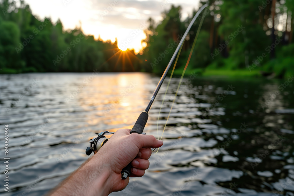 Close-Up of Hand Holding Fishing Rod Against a Scenic Lake and Sunset Close-Up of Hand Holding Fishing Rod Against a Scenic Lake and Sunset