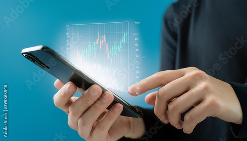 Finger pointing to smartphone for stock trading