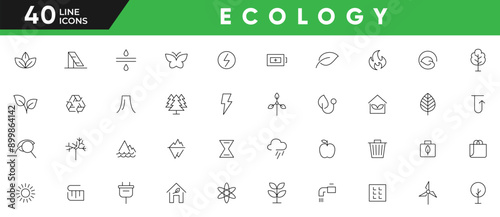 Ecology line icon set. Planet care, recycling power, O2 neutral, zero waste, global warming, urban ecosystems, green energy, air, water, waste disposal, carbon-absorbing outline icon collection. Ui th