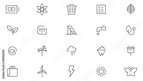 Ecology line icon set. Planet care, recycling power, O2 neutral, zero waste, global warming, urban ecosystems, green energy, air, water, waste disposal, carbon-absorbing outline icon collection. Ui th