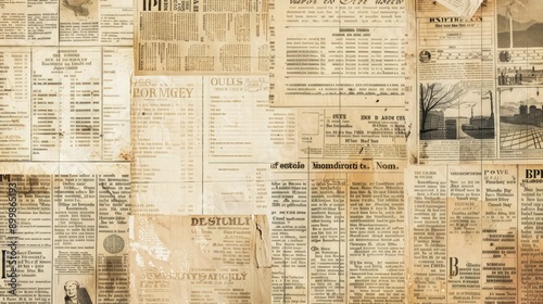A collage of various old newspaper snippets overlaid on a beige, textured paper, creating an intriguing visual story with spaces left clear for textual content.