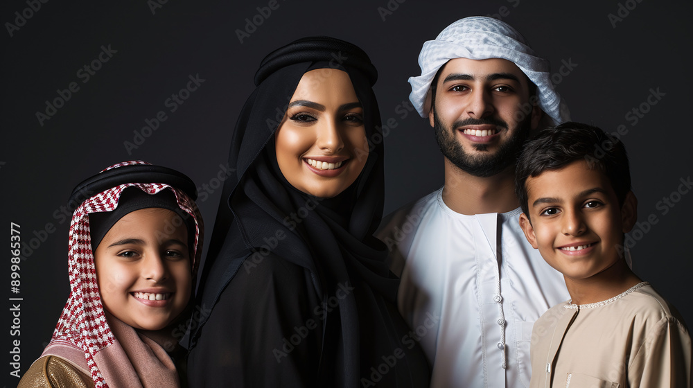 portrait of a four-person Arab family in traditional attire, set against a clean, studio backdrop portrait of a four-person Arab family in traditional attire, set against a clean, studio backdrop