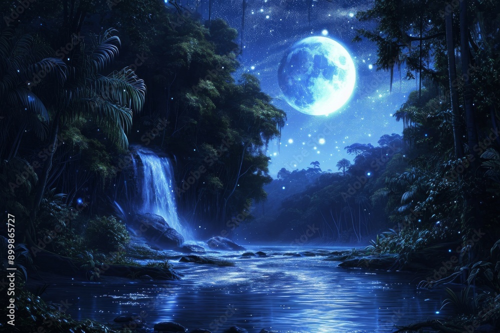Fototapeta premium A night scene featuring a stunning waterfall illuminated by the glow of a full moon, Moonlit river seeping through a rainforest under a starry night, AI Generated