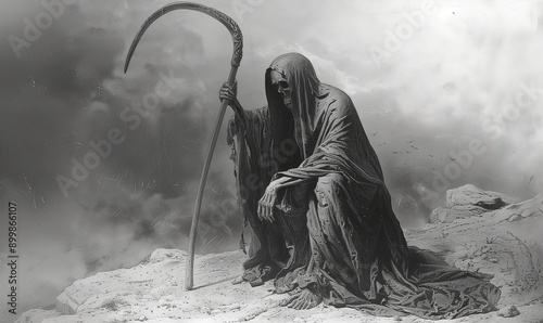 Grim Reaper Sitting on a Rocky Cliff in a Monochromatic Scene