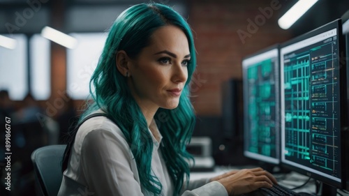  4K image of woman with teal hair coding for device network upkeep, 50mm lens