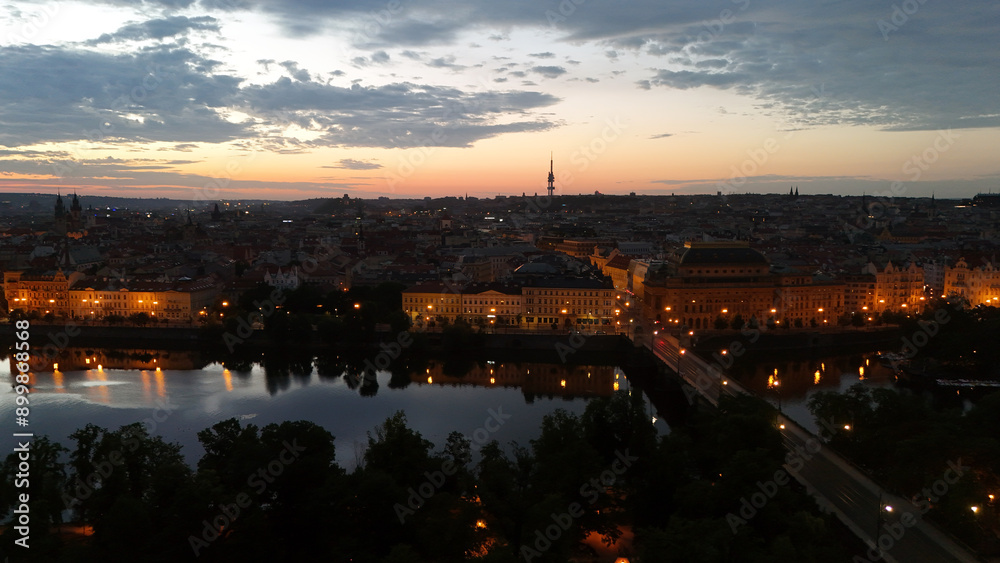 Obraz premium Photo of Prague old city taken from the sky with a drone. Prague at sunrise.. Prague view.
